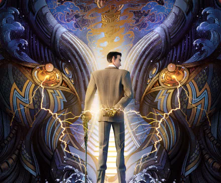 HD PC desktop wallpaper featuring a scene from the movie Xin Shen Bang: Ne Zha Chongsheng, depicting a man in a suit standing with lightning between two ornate, mechanical dragon designs.