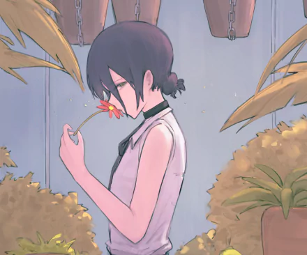 HD PC desktop wallpaper featuring Reze from Chainsaw Man anime, holding a flower with a soft, pastel background.