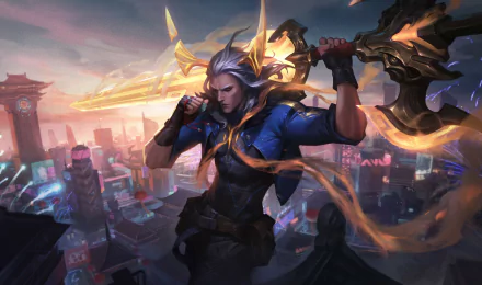 HD PC desktop wallpaper featuring Viego from League of Legends, showcasing the character wielding a glowing weapon against a cityscape at dusk.