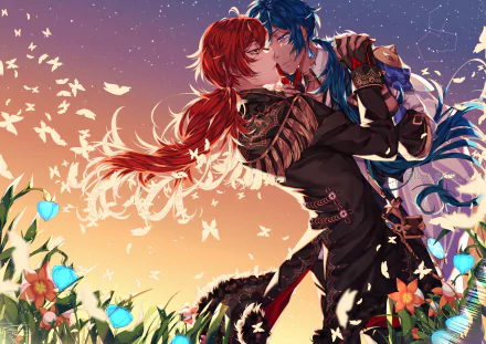 blue hair red hair Diluc (Genshin Impact) Kaeya (Genshin Impact) video game Genshin Impact HD Desktop Wallpaper | Background Image