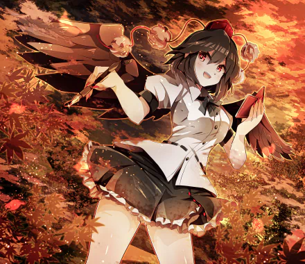 Aya Shameimaru (Touhou) anime 4K Ultra HD PC desktop wallpaper and background: crow-winged reporter in white blouse and black skirt amid fiery autumn leaves, red-eyed, holding a red paper.