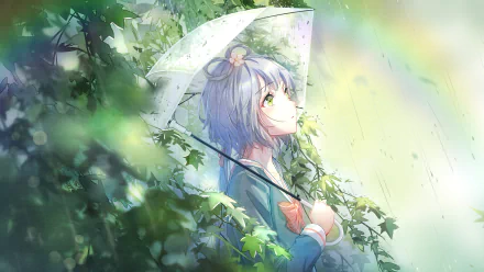 Anime-style 4K wallpaper of Vocaloid Luo Tianyi with purple hair and green eyes, holding a transparent umbrella amid lush greenery and soft sunlight.