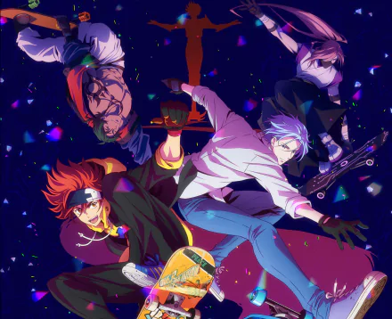 4K Ultra HD wallpaper featuring Kaoru Sakurayashiki, Kojiro Nanjo, Langa Hasegawa, and Reki Kyan from the anime SK8 the Infinity in vibrant action poses.