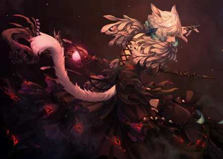 Miqo'te from the Final Fantasy XIV video game in a dramatic dark fantasy scene, white-haired catlike warrior in flowing armor amid glowing embers — 4K Ultra HD PC desktop wallpaper/background.