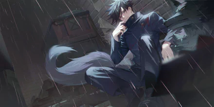 HD desktop wallpaper featuring Megumi Fushiguro from the anime Jujutsu Kaisen, sitting in the rain with a contemplative expression, surrounded by a dark, moody atmosphere.