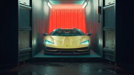 A yellow Lamborghini Centenario supercar with glowing headlights, showcased in a sleek, dimly lit modern garage, captured in stunning 4K Ultra HD detail.