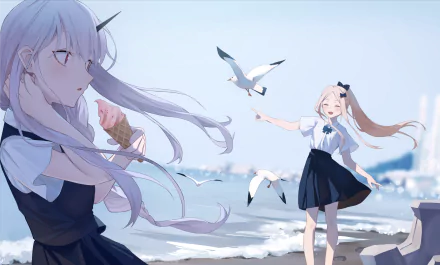 Anime-style HD wallpaper featuring Lavinia Whateley and Abigail Williams from Fate/Grand Order in school uniforms by the seaside, with seagulls flying around.