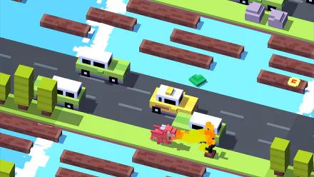 HD Crossy Road desktop wallpaper featuring a colorful pixel art style with characters and vehicles on a busy road and river.