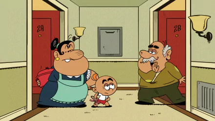 HD desktop wallpaper from 'The Loud House' featuring the character Carlino Casagrande in a hallway with two other characters.