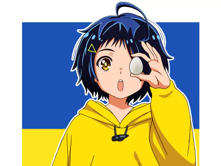 HD PC desktop wallpaper featuring Ai Ohto from the anime Wonder Egg Priority holding a white egg, set against a bold blue and yellow background.