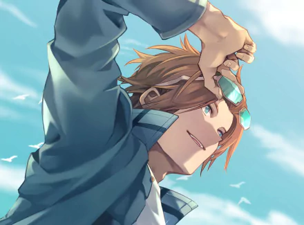 HD anime desktop wallpaper featuring Yūichi Jin from World Trigger, depicted smiling against a bright blue sky with seagulls flying in the background.