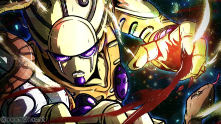 HD PC desktop wallpaper featuring Gold Experience from JoJo's Bizarre Adventure: Golden Wind in a dynamic anime style with vibrant colors and cosmic background.
