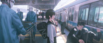 Anime-style HD desktop wallpaper of a train station featuring a student in school uniform waiting by an anime train, with other passengers and staff in the background.