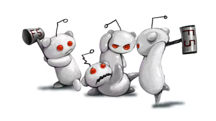 HD desktop wallpaper of stylized Reddit alien mascots in playful poses with paint and brushes, suitable as a quirky background.