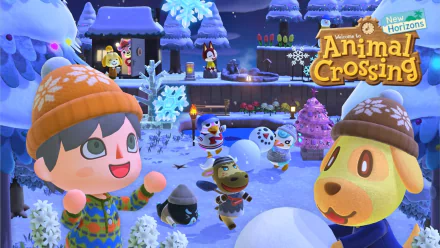 HD wallpaper of Animal Crossing: New Horizons featuring characters in a festive winter scene with snowy landscape and decorations.
