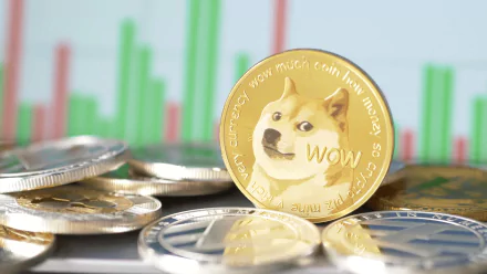 HD wallpaper featuring a Dogecoin token with the Shiba Inu mascot, foregrounded against a backdrop of cryptocurrency market charts.