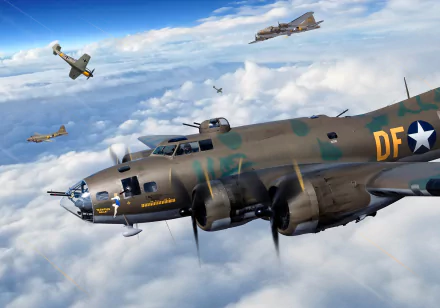 HD desktop wallpaper featuring a Boeing B-17 Flying Fortress bomber and multiple warplanes flying above the clouds in a military aircraft formation.