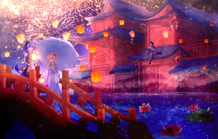 A vibrant 4K Ultra HD Genshin Impact wallpaper featuring Xiao, Lumine, and Ganyu celebrating the Lantern Rite festival by a glowing lake with floating lanterns.