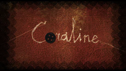 HD PC desktop wallpaper featuring the title Coraline written in stitched thread with a black button replacing the o, inspired by the movie's dark, textured background.