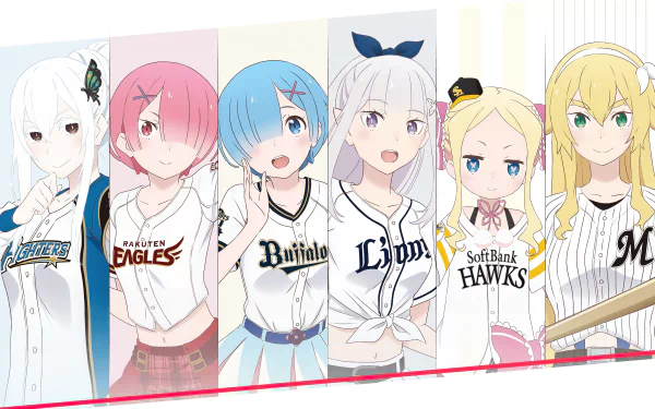 HD desktop wallpaper featuring anime characters Frederica Baumann, Beatrice, Emilia, Rem, Ram, and Echidna from Re:Zero - Starting Life in Another World wearing baseball jerseys from various teams.