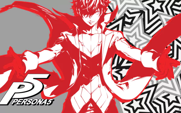 HD PC desktop wallpaper featuring Joker from the video game Persona 5 with bold red and black star patterns in the background.