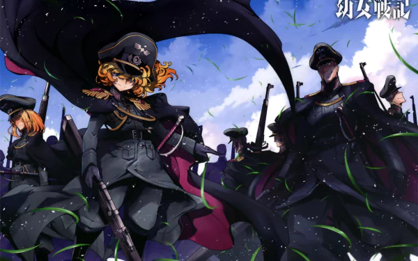 HD PC desktop wallpaper featuring Tanya Degurechaff and characters from the anime The Saga of Tanya the Evil against a dramatic sky backdrop.