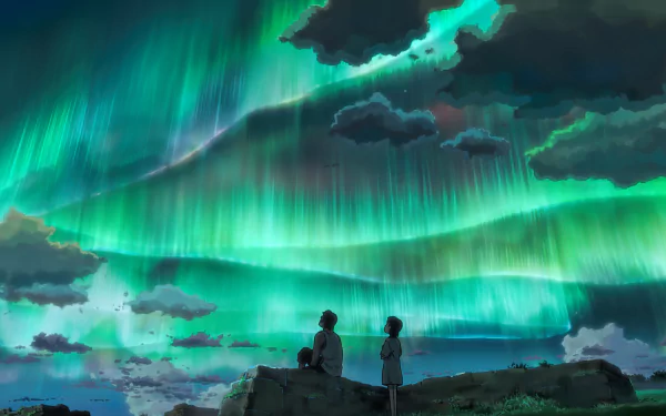 Anime scene from Children Who Chase Lost Voices depicting two characters standing under a vibrant aurora in an 8K Ultra HD PC desktop wallpaper and background.