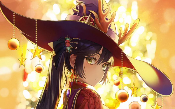 HD desktop wallpaper featuring Mona from Genshin Impact with green eyes and black hair, adorned in a detailed outfit and hat with ornaments, set against a golden, glowing background.
