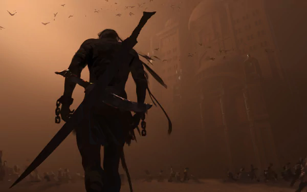 Comic GhostBlade 4K Ultra HD PC desktop wallpaper: silhouetted sword-wielding figure strides toward a dust-choked ruined city at sunset, tattered cloak and circling birds.