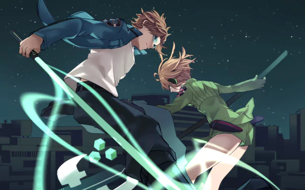 HD anime desktop wallpaper featuring Kirie Konami and Yūichi Jin from World Trigger in dynamic action poses against a night cityscape background.