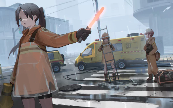 4K Ultra HD anime wallpaper featuring a girl directing traffic with a light baton in a rainy city scene, alongside emergency vehicles and workers.