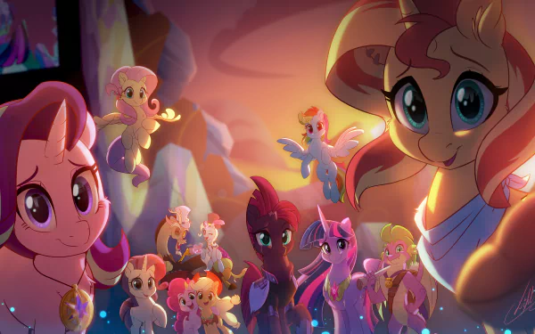 4K Ultra HD desktop wallpaper featuring vibrant characters from the TV show My Little Pony: Friendship Is Magic gathered in a glowing, magical setting.