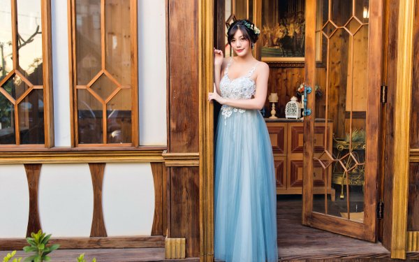 Women Asian Model Black Hair Blue Dress HD Wallpaper | Background Image
