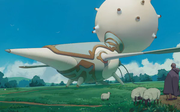 HD wallpaper featuring an animated ship flying above a pastoral scene with sheep and a cloaked figure.