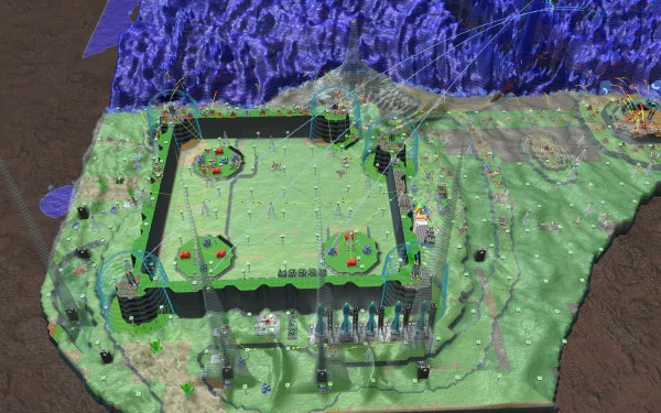 HD desktop wallpaper of the game Creeper World 4, featuring strategic base defense against a flowing blue enemy.