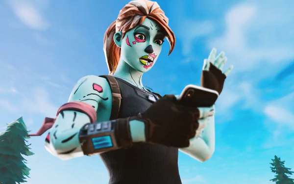 HD Fortnite wallpaper featuring the Ghoul Trooper character against a sky with trees in the background.