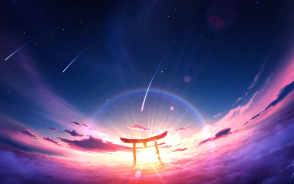 HD anime desktop wallpaper featuring a glowing torii gate framed by a vibrant sky with shooting stars and a radiant halo over a shrine.