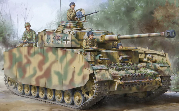 HD PC desktop wallpaper featuring a detailed illustration of a Panzer IV tank with soldiers in camouflage gear amidst a natural, wooded background.
