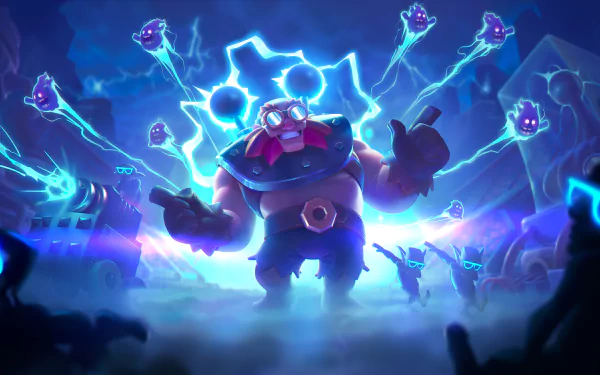 HD PC desktop wallpaper featuring a powerful character from the video game Clash Royale, surrounded by glowing blue energy and ghostly spirits.
