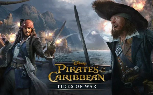 HD wallpaper featuring Jack Sparrow and Hector Barbossa from Pirates of the Caribbean: Tides of War with a dramatic battle scene backdrop.