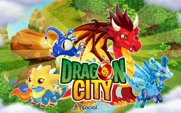 HD desktop wallpaper featuring colorful animated dragons from Dragon City on a vibrant fantasy landscape background.