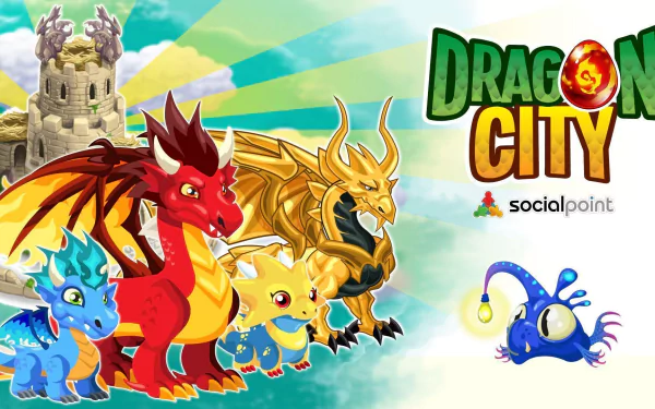 HD Dragon City desktop wallpaper featuring colorful dragons with a backdrop of a fantasy castle.