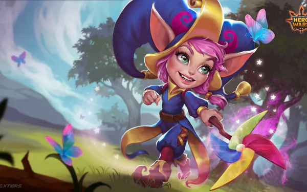 HD desktop wallpaper of a whimsical Hero Wars character in a vibrant, enchanted forest setting.