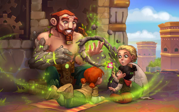 HD Hero Wars desktop wallpaper featuring a bearded hero with magical green energy enchanting two amazed children against a castle backdrop.