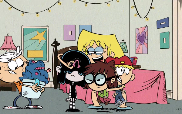 A vibrant HD desktop wallpaper from The Loud House, featuring siblings in a playful scene, showcasing their distinct personalities and lively interactions in a cozy bedroom setting.