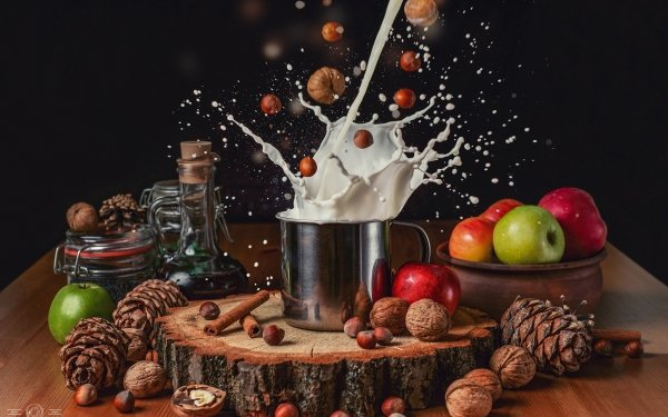 Food Milk Apple Nut Still Life HD Wallpaper | Background Image