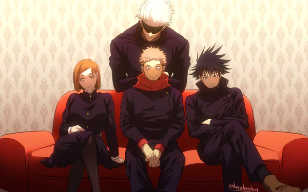 HD desktop wallpaper of Jujutsu Kaisen characters Satoru Gojo, Nobara Kugisaki, Yuji Itadori, and Megumi Fushiguro seated on a red sofa.