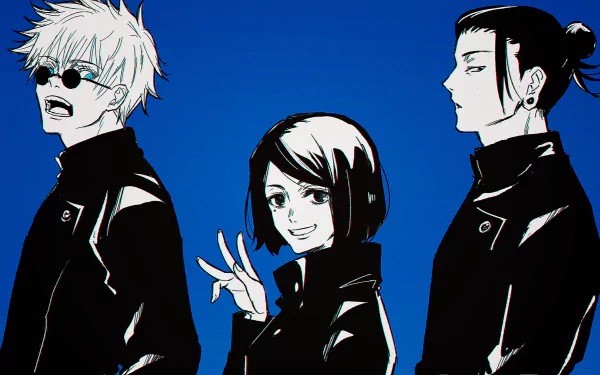 HD desktop wallpaper featuring Satoru Gojo, Shoko Ieiri, and Suguru Geto from Jujutsu Kaisen, depicted in stylized anime art against a blue background.