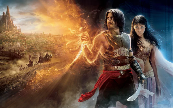 HD desktop wallpaper featuring Jake Gyllenhaal and Gemma Arterton in Prince of Persia: The Sands of Time movie, showcasing an epic and adventurous scene.
