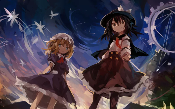 4K Ultra HD anime wallpaper featuring Maribel Hearn and Renko Usami from the Touhou series against a dynamic, starry night sky background.